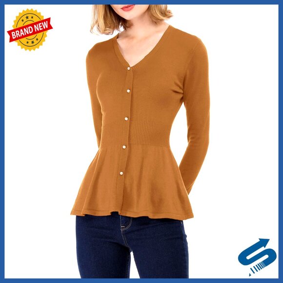 Ribbed V-Neck Peplum Sweater Long Sleeve Pullover Knit Top